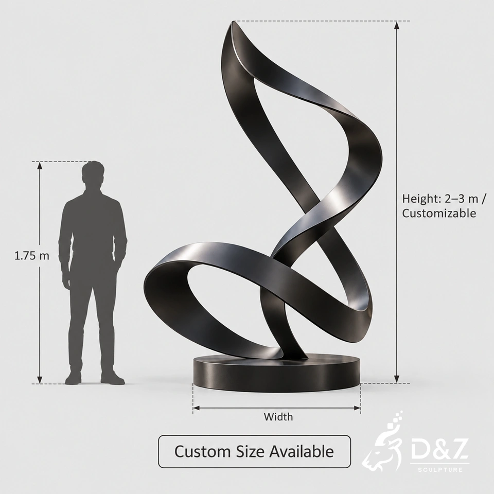 Black ribbon sculpture size reference with customizable height and width Black ribbon sculpture size reference with customizable height and width