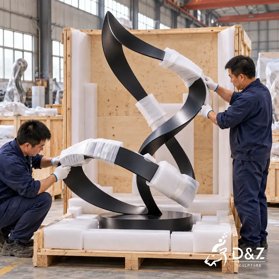 Black ribbon sculpture protected with soft wrapping inside a wooden shipping crate Black ribbon sculpture protected with soft wrapping inside a wooden shipping crate
