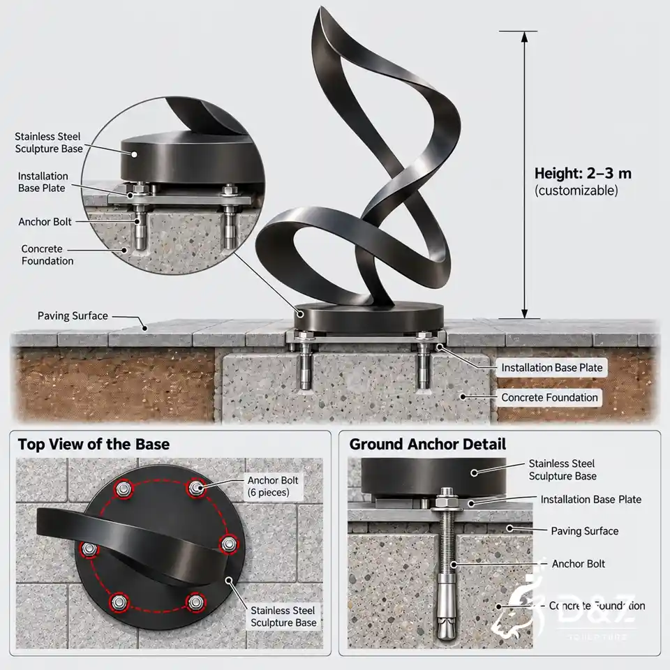Black ribbon sculpture installation with base plate anchor bolts and concrete foundation Black ribbon sculpture installation with base plate anchor bolts and concrete foundation