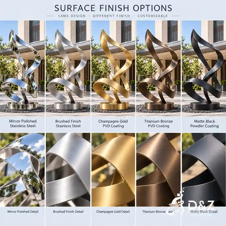 Black ribbon sculpture with customizable stainless steel surface finish options Black ribbon sculpture with customizable stainless steel surface finish options