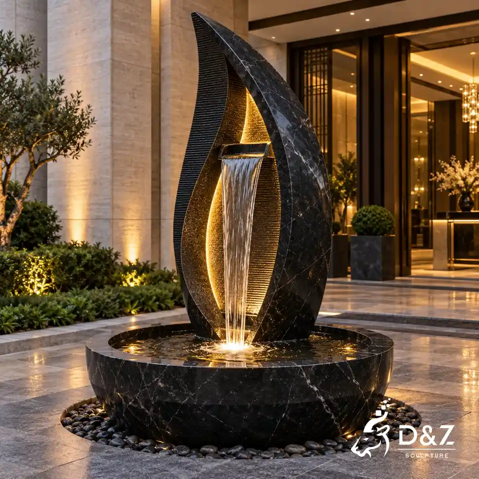Large black stone fountain with grooved design, water curtain and LED lighting at a luxury hotel entrance Large black stone fountain with grooved design, water curtain and LED lighting at a luxury hotel entrance