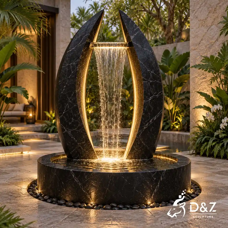 Modern black marble fountain with twin curved forms and illuminated water curtain in a resort courtyard Modern black marble fountain with twin curved forms and illuminated water curtain in a resort courtyard