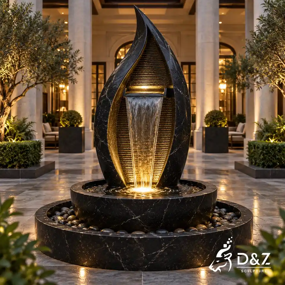 Large black stone water fountain with sculptural curved design and double circular basin Large black stone water fountain with sculptural curved design and double circular basin