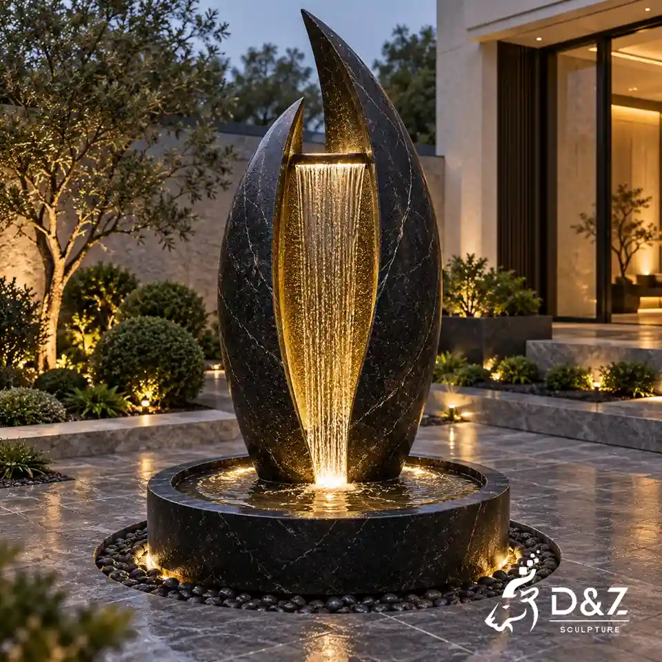 Outdoor stone water fountain in polished black marble with tall curved design and vertical water curtain Outdoor stone water fountain in polished black marble with tall curved design and vertical water curtain