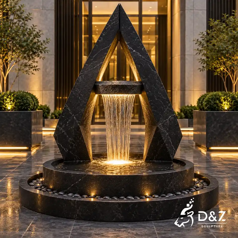 Geometric black marble fountain with angular arch design, cascading water and LED lighting Geometric black marble fountain with angular arch design, cascading water and LED lighting