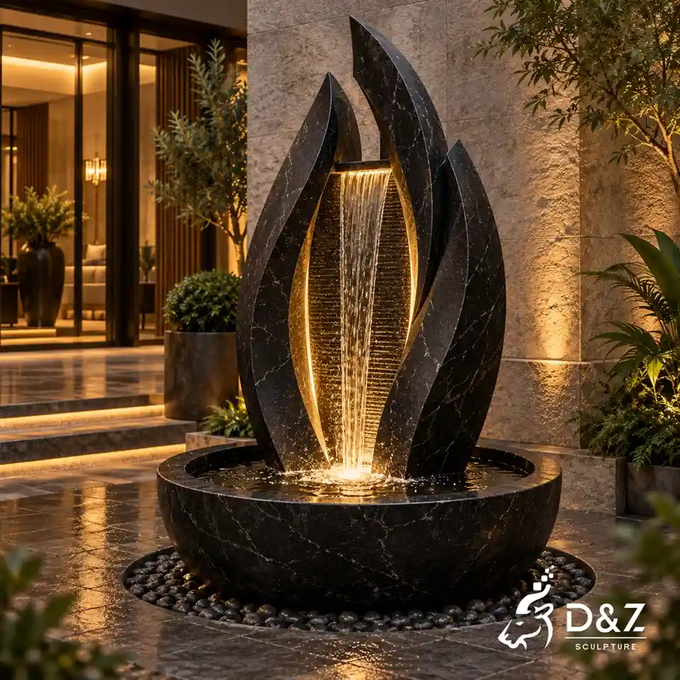 Custom black fountain with multiple curved marble forms and illuminated water feature for luxury landscapes Custom black fountain with multiple curved marble forms and illuminated water feature for luxury landscapes