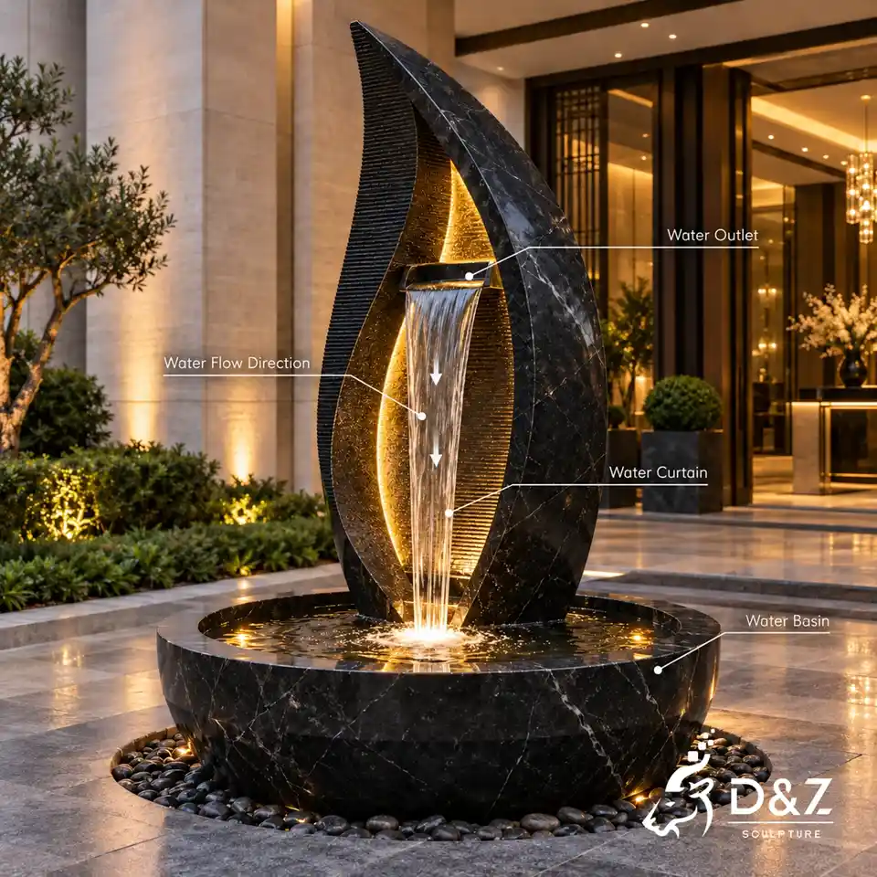 Black stone fountain water flow diagram showing water outlet, flow direction, water curtain and basin Black stone fountain water flow diagram showing water outlet, flow direction, water curtain and basin