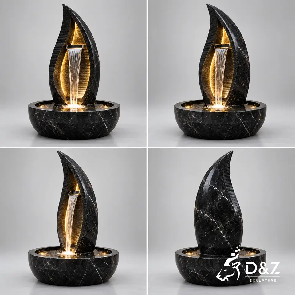 Black stone fountain front, three-quarter, side and back views on a light gray background Black stone fountain front, three-quarter, side and back views on a light gray background
