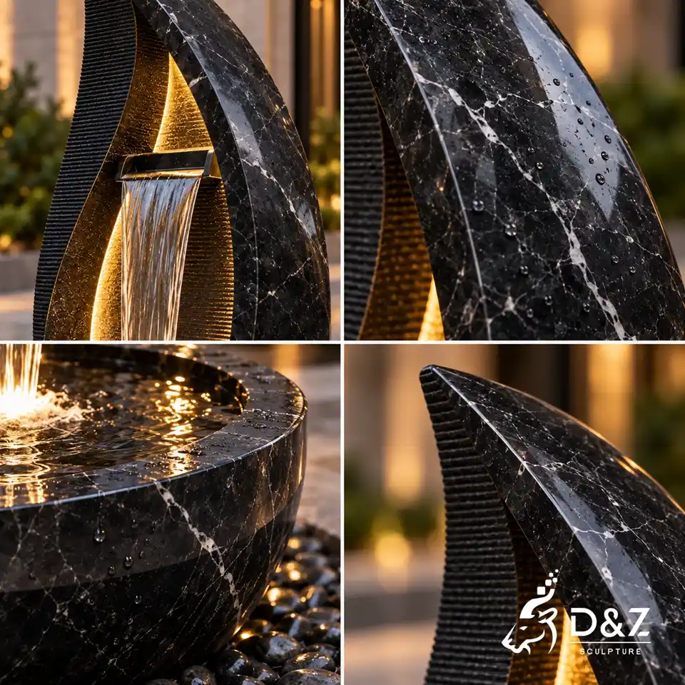 Polished black marble fountain details showing natural veining, grooved texture, water and stone surface Polished black marble fountain details showing natural veining, grooved texture, water and stone surface