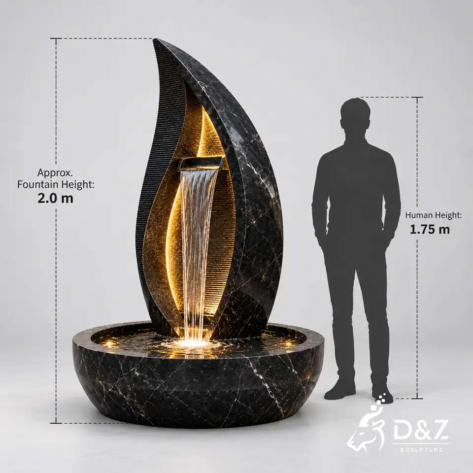 Large black stone fountain size reference with 2 meter fountain and 1.75 meter human silhouette Large black stone fountain size reference with 2 meter fountain and 1.75 meter human silhouette