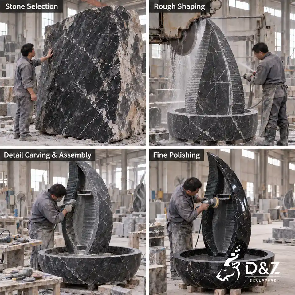 Black stone fountain production process from stone selection and rough shaping to carving and polishing Black stone fountain production process from stone selection and rough shaping to carving and polishing