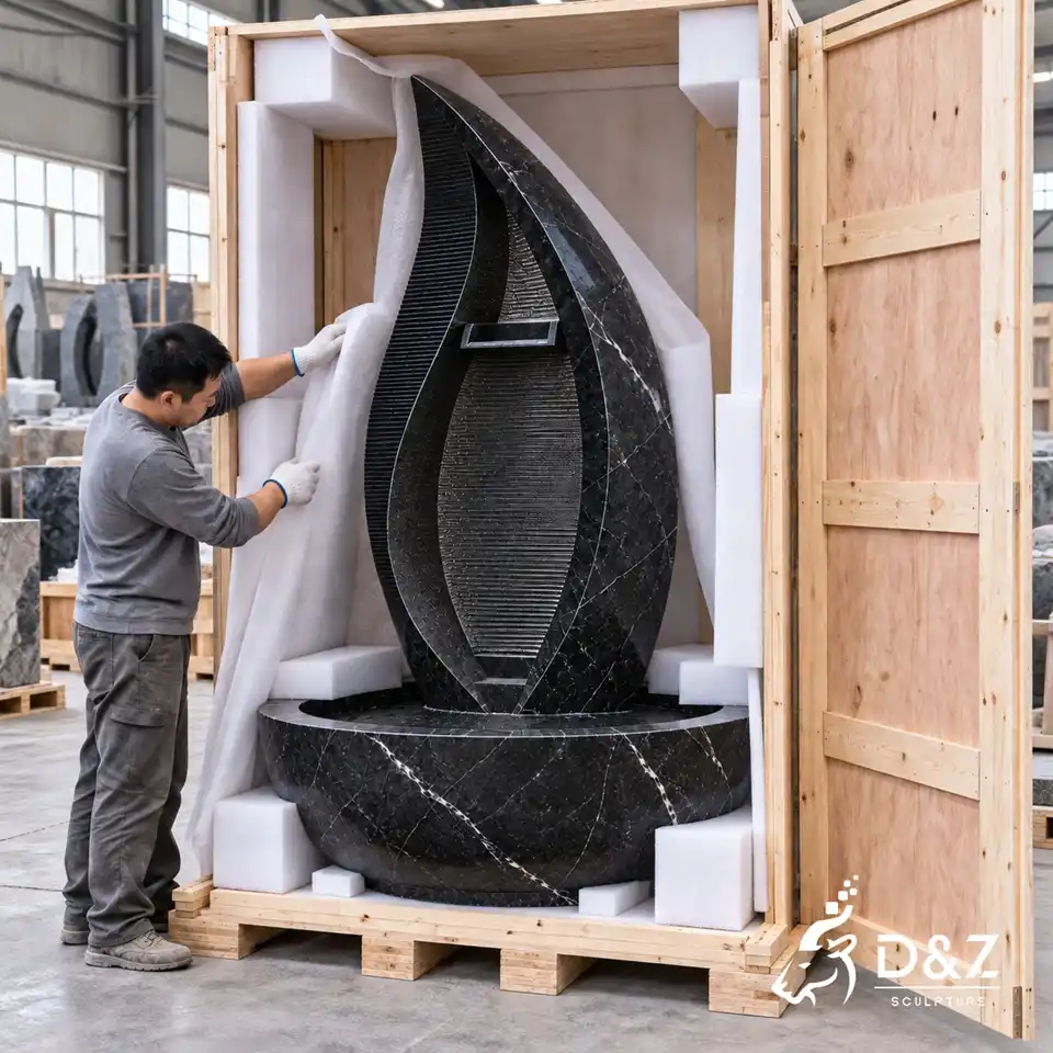 Black marble fountain protected with foam and reinforced wooden crate for international shipping Black marble fountain protected with foam and reinforced wooden crate for international shipping