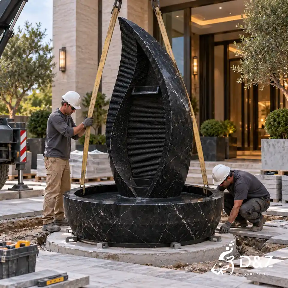 Large black stone fountain installation with crane lifting and positioning at a luxury building entrance Large black stone fountain installation with crane lifting and positioning at a luxury building entrance