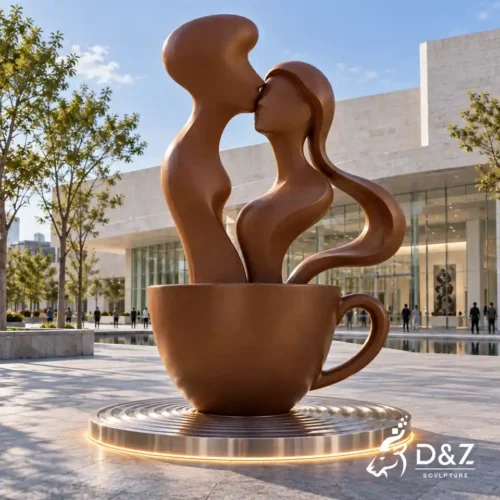 Large stainless steel coffee kiss sculpture with coffee cup and illuminated base in a commercial plaza DZC92 Large stainless steel coffee kiss sculpture with coffee cup and illuminated base in a commercial plaza DZC92
