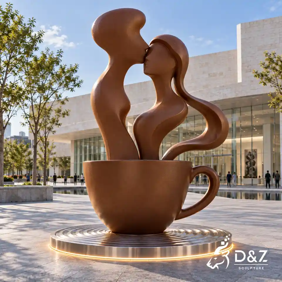 Large stainless steel coffee kiss sculpture with coffee cup and illuminated base in a commercial plaza DZC92 Large stainless steel coffee kiss sculpture with coffee cup and illuminated base in a commercial plaza DZC92