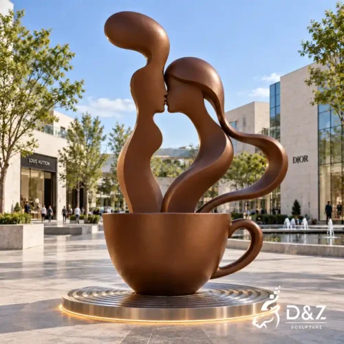 Outdoor coffee kiss sculpture with abstract kissing couple and giant coffee cup in shopping plaza DZC92