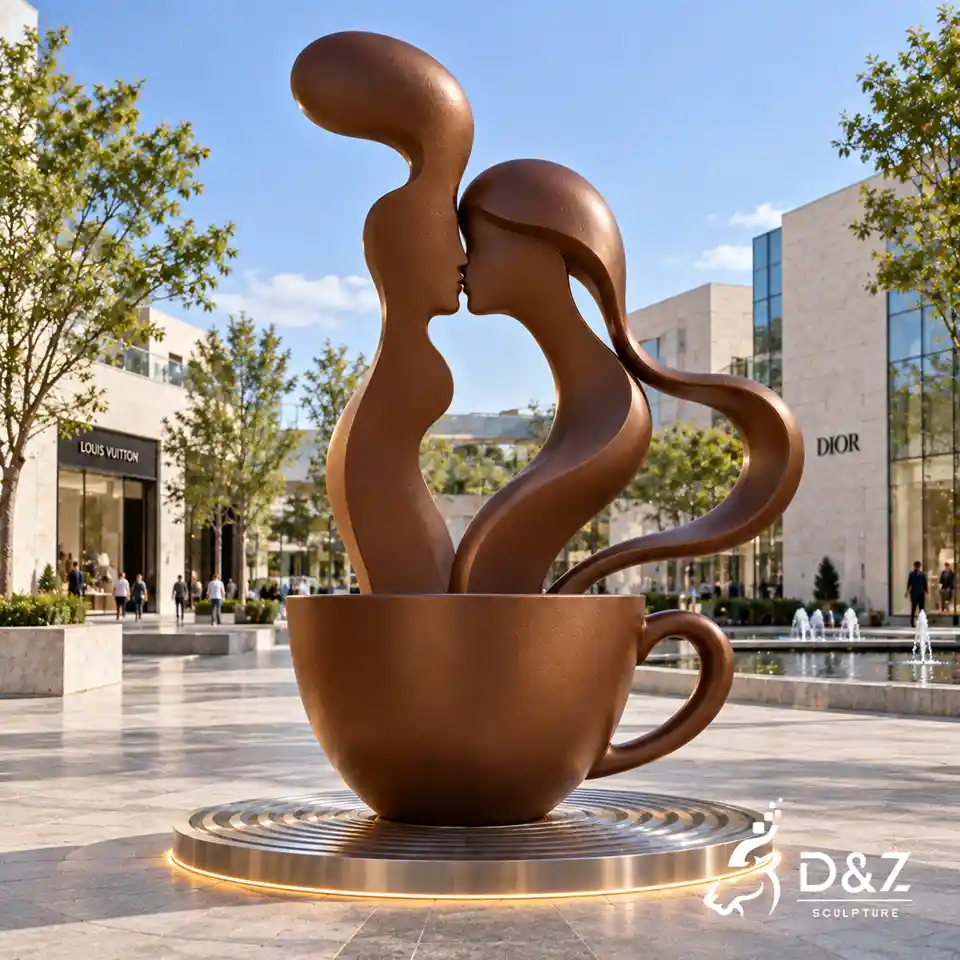 Outdoor coffee kiss sculpture with abstract kissing couple and giant coffee cup in shopping plaza DZC92 Outdoor coffee kiss sculpture with abstract kissing couple and giant coffee cup in shopping plaza DZC92