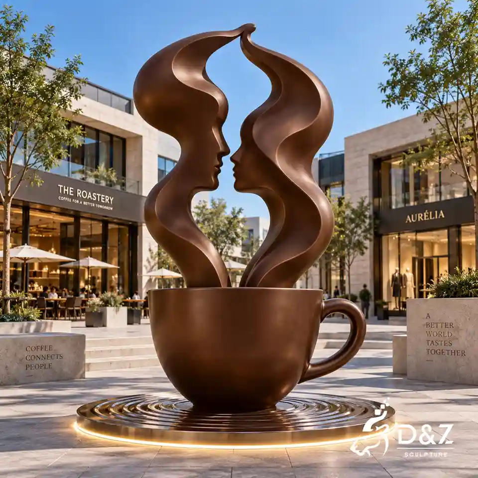 Stainless steel coffee kiss sculpture with flowing steam figures for coffee themed commercial space DZC92 Stainless steel coffee kiss sculpture with flowing steam figures for coffee themed commercial space DZC92