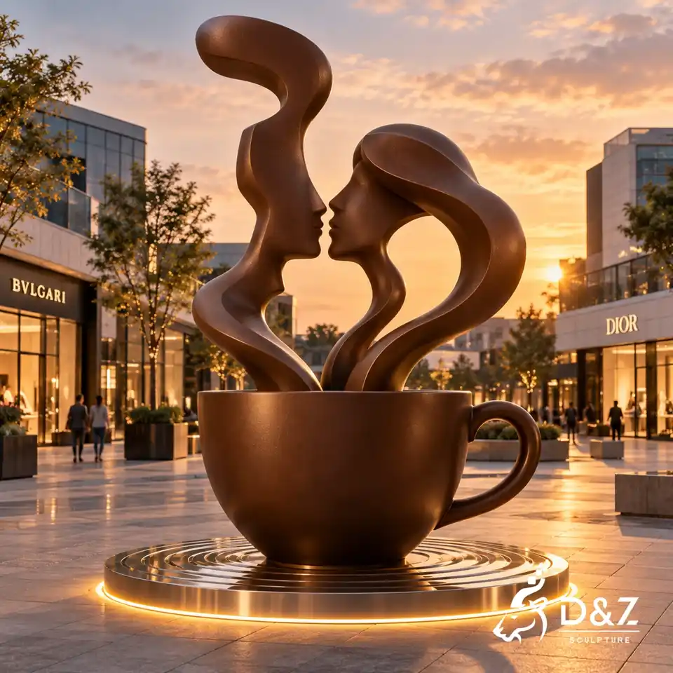 Coffee kiss sculpture with warm LED lighting at sunset in an outdoor shopping plaza DZC92 Coffee kiss sculpture with warm LED lighting at sunset in an outdoor shopping plaza DZC92