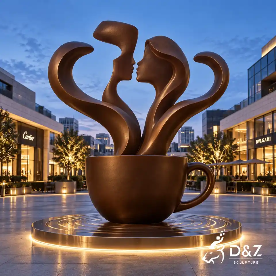 Outdoor coffee kiss sculpture with LED base lighting in a modern commercial street at night DZC92 Outdoor coffee kiss sculpture with LED base lighting in a modern commercial street at night DZC92