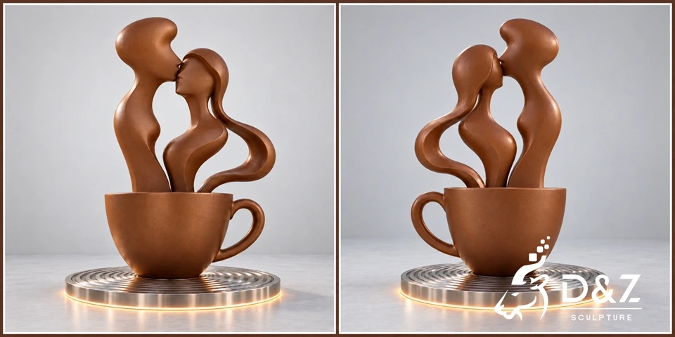 Coffee kiss sculpture front and back views showing abstract kissing couple and coffee cup design DZC92 Coffee kiss sculpture front and back views showing abstract kissing couple and coffee cup design DZC92