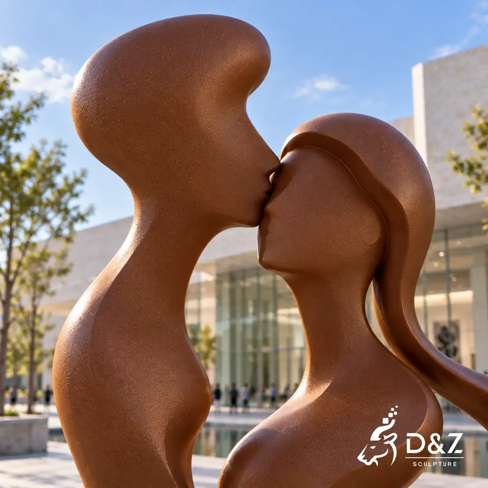 Coffee kiss sculpture kissing couple facial detail with smooth abstract stainless steel curves DZC92 Coffee kiss sculpture kissing couple facial detail with smooth abstract stainless steel curves DZC92
