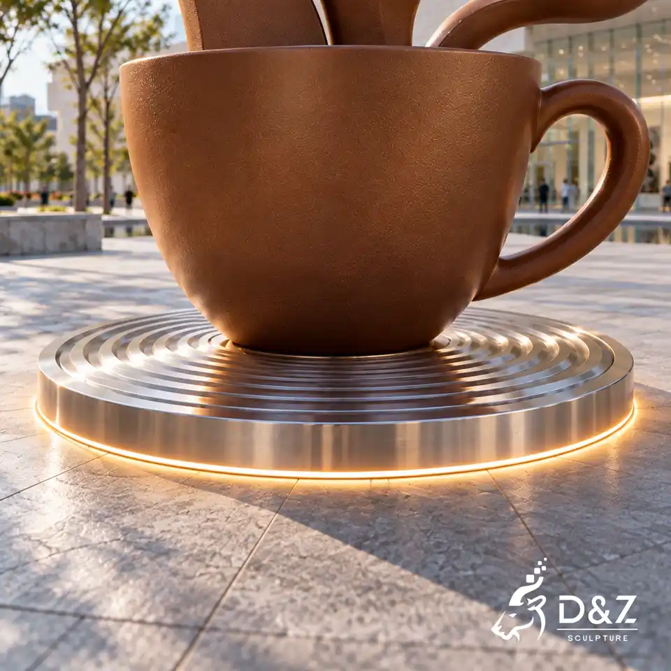 Coffee kiss sculpture coffee cup and concentric stainless steel LED base detail DZC92 Coffee kiss sculpture coffee cup and concentric stainless steel LED base detail DZC92