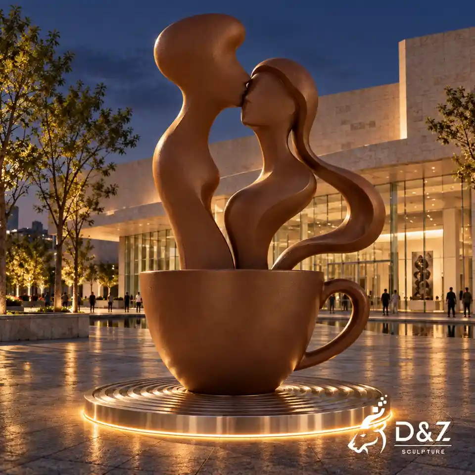 Large outdoor coffee kiss sculpture with warm illuminated base in a public plaza at night DZC92 Large outdoor coffee kiss sculpture with warm illuminated base in a public plaza at night DZC92