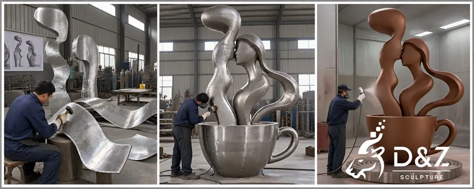 Coffee kiss sculpture stainless steel fabrication process with hand forming welding grinding and coating DZC92 Coffee kiss sculpture stainless steel fabrication process with hand forming welding grinding and coating DZC92