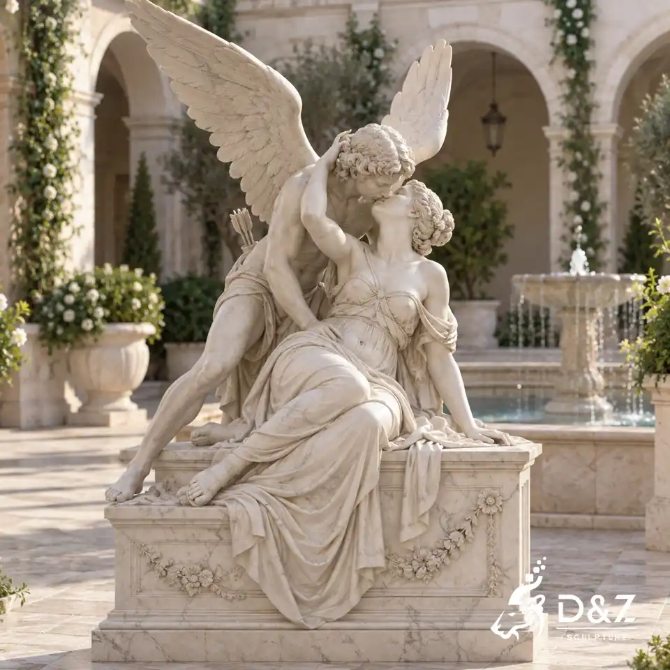 Marble Cupid's Kiss Sculpture with Seated Cupid and Psyche DZC89