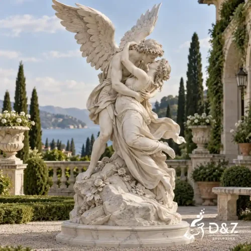 Cupid and Psyche Sculpture in Dynamic Embrace with Marble Wings