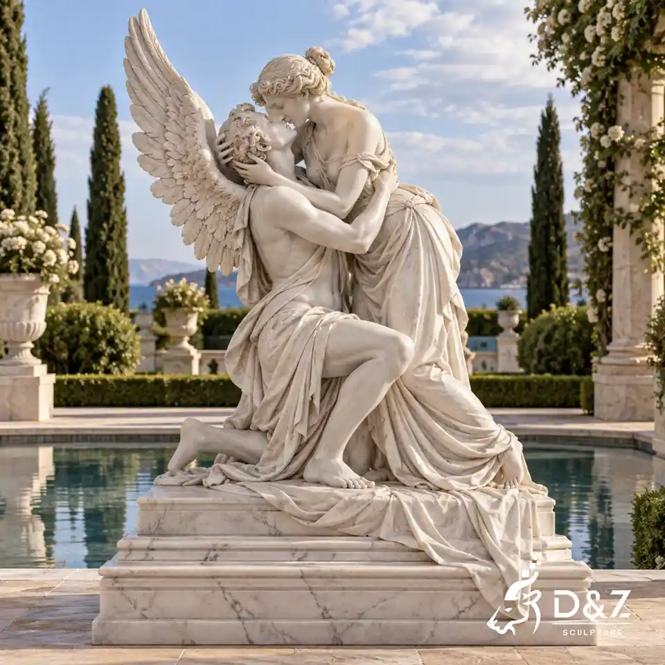 Marble Cupid's Kiss Statue with Kneeling Cupid and Psyche Marble Cupid's Kiss Statue with Kneeling Cupid and Psyche