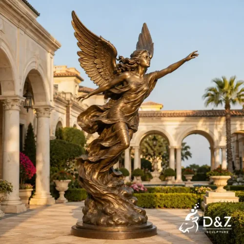 Large bronze flying angel sculpture with spread wings in a luxury estate garden Large bronze flying angel sculpture with spread wings in a luxury estate garden