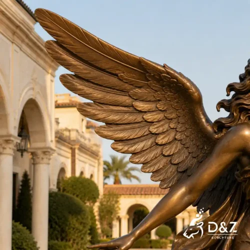 Detailed wings of a bronze flying angel sculpture DZC82