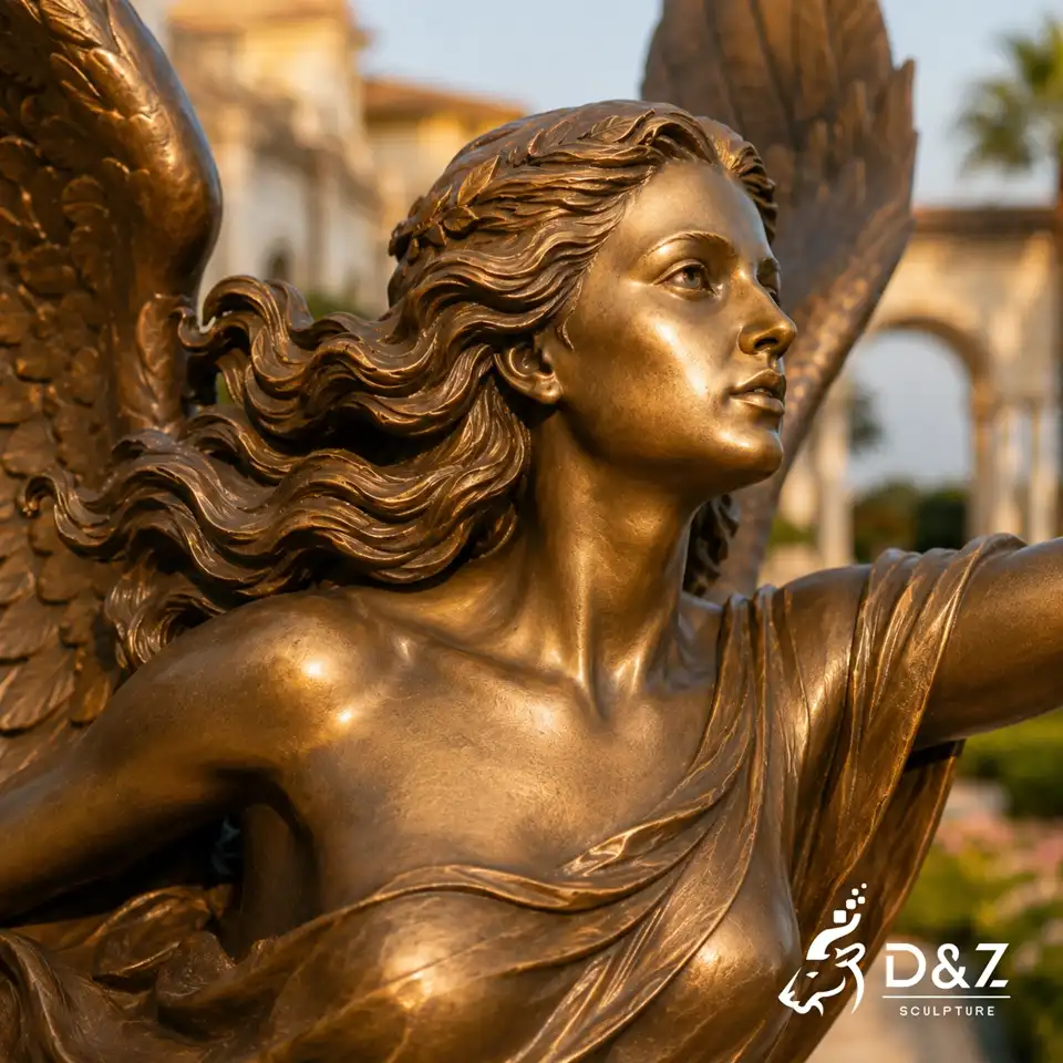 Facial expression and flowing hair of bronze flying angel statue Facial expression and flowing hair of bronze flying angel statue