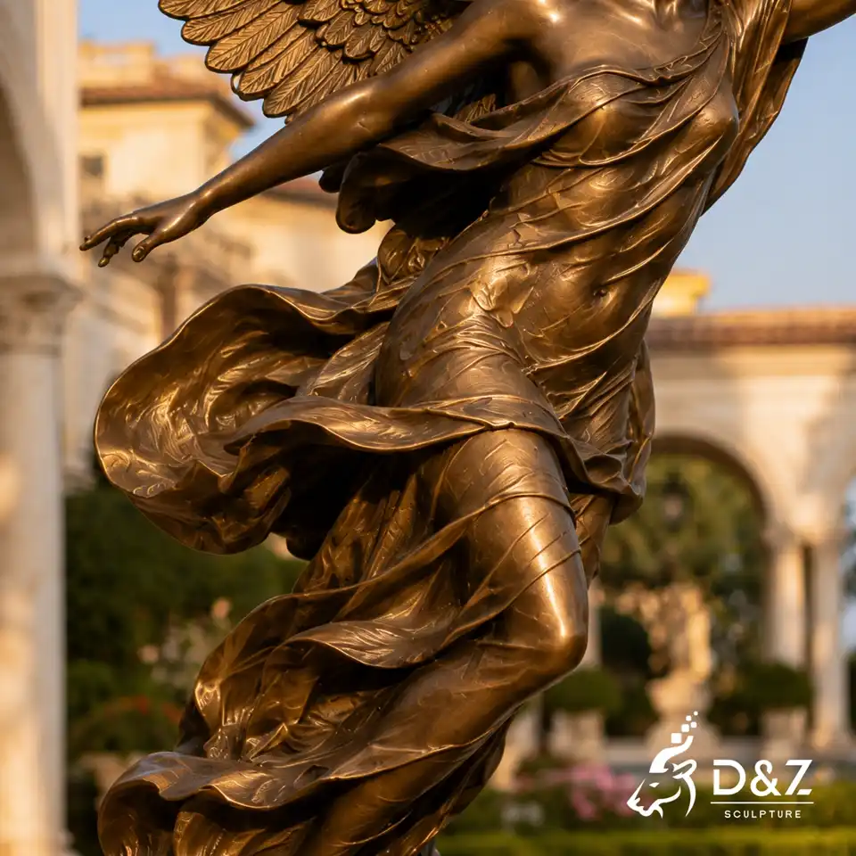 Flowing robe details on a bronze winged angel sculpture Flowing robe details on a bronze winged angel sculpture