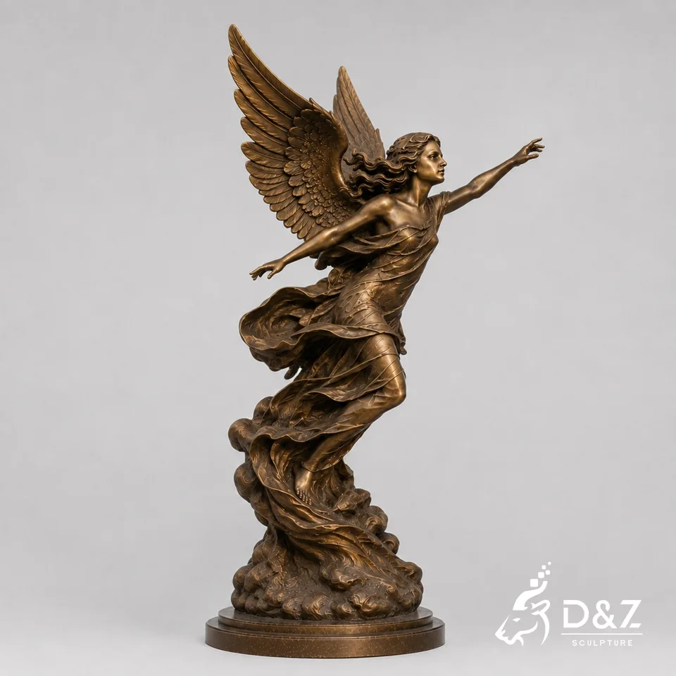 Three-quarter view of bronze flying angel sculpture DZC82 Three-quarter view of bronze flying angel sculpture DZC82
