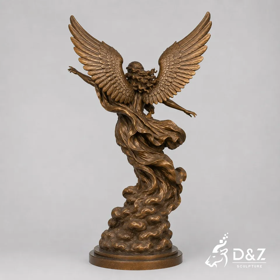 Back view of winged angel sculpture with detailed bronze wings Back view of winged angel sculpture with detailed bronze wings