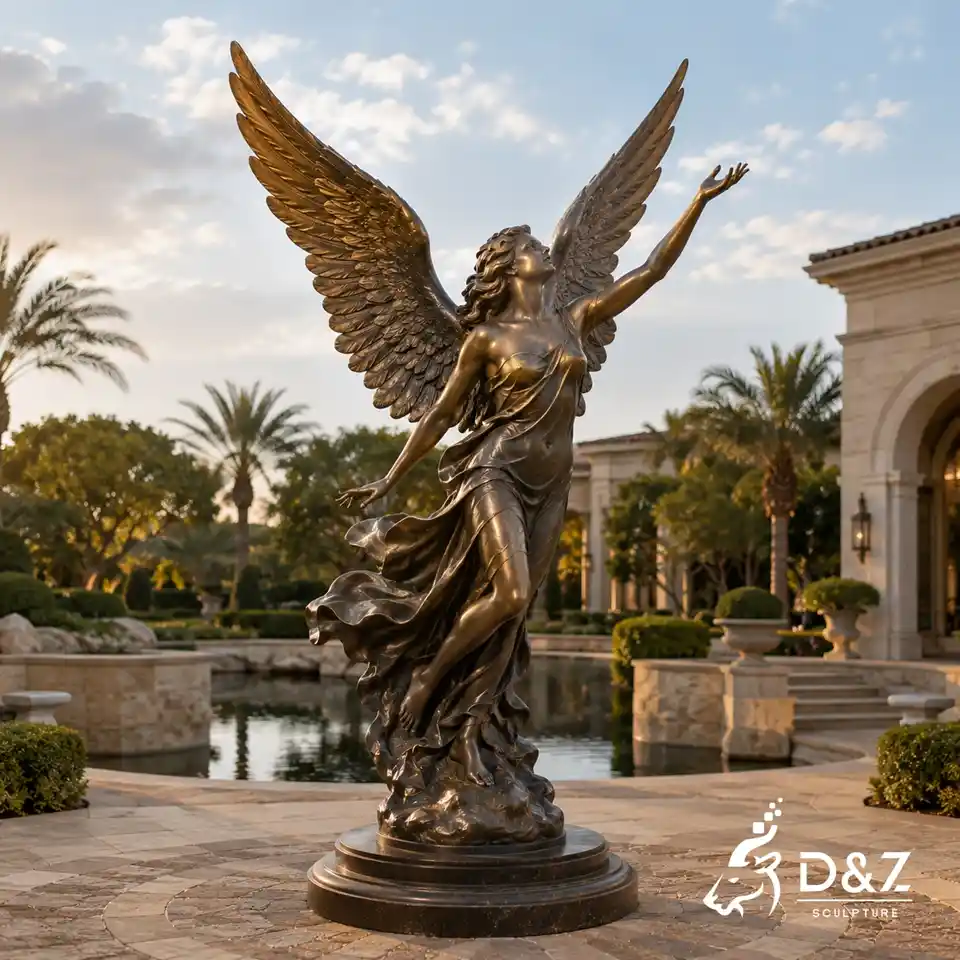 Large flying angel sculpture beside a luxury estate pool Large flying angel sculpture beside a luxury estate pool