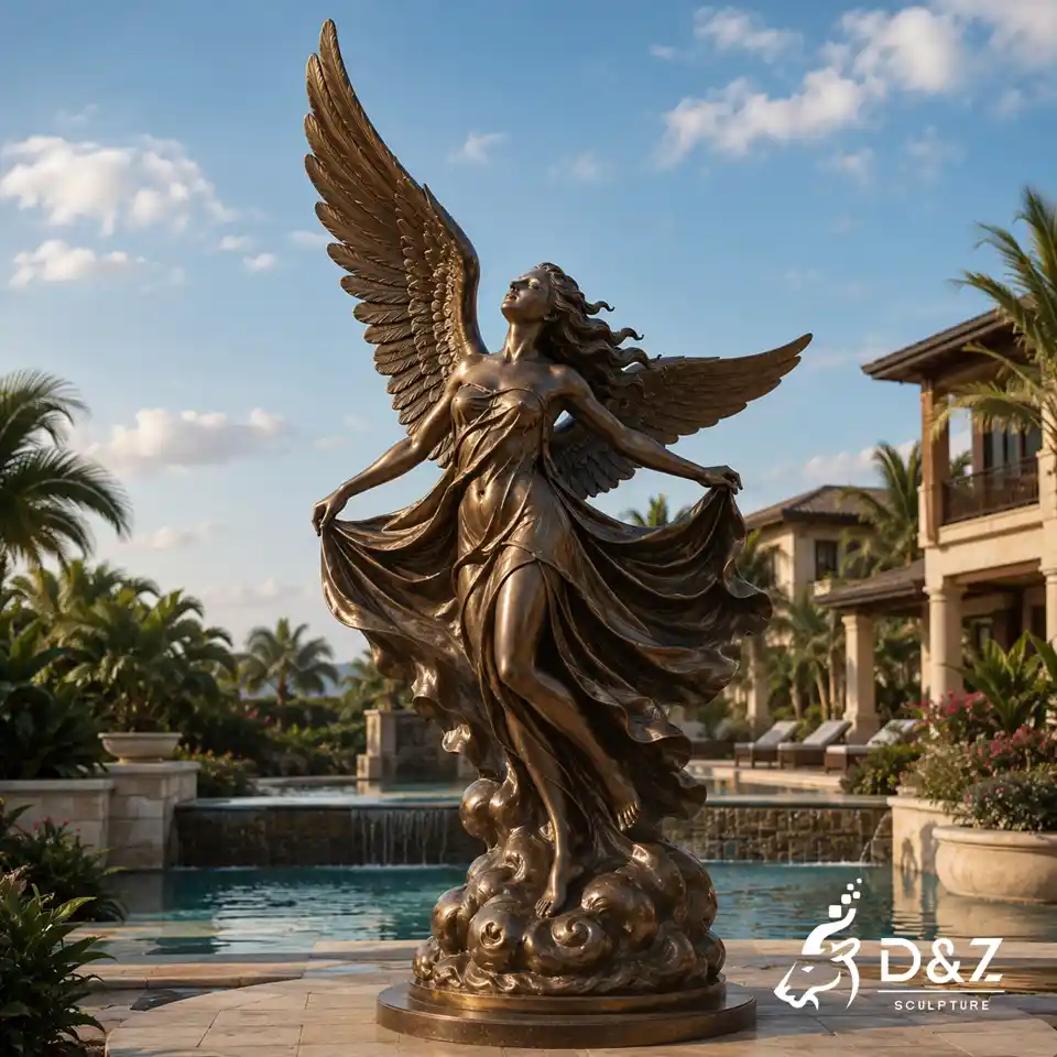 Bronze angel statue with spread wings in a luxury resort landscape Bronze angel statue with spread wings in a luxury resort landscape