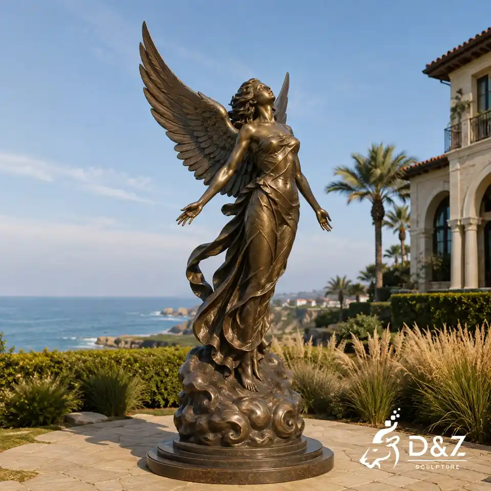Outdoor flying angel sculpture in a coastal villa garden Outdoor flying angel sculpture in a coastal villa garden