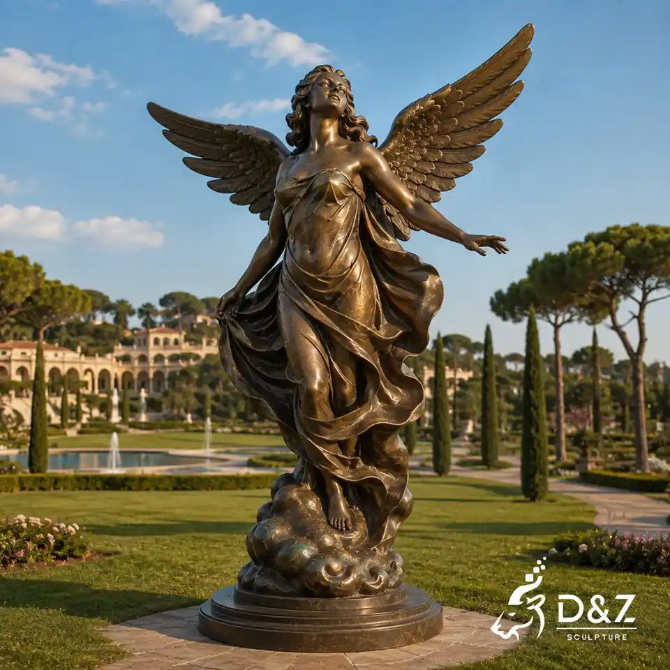 Large bronze angel sculpture with open wings in formal garden Large bronze angel sculpture with open wings in formal garden