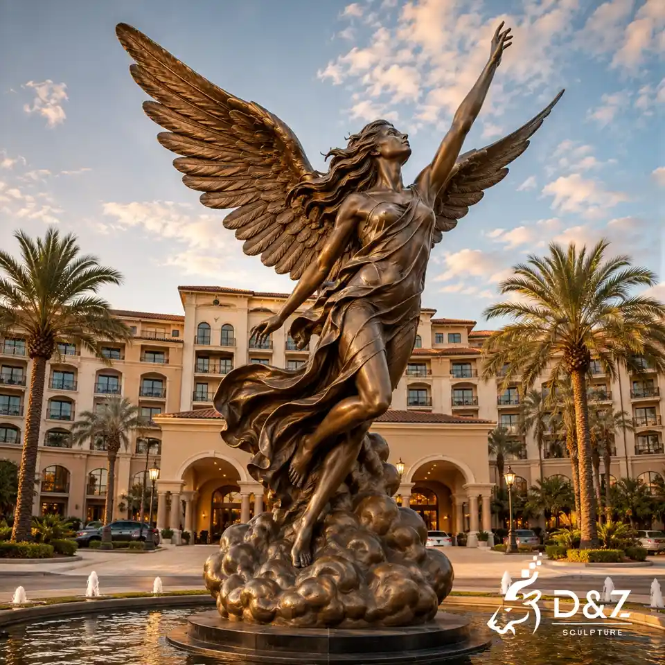 Large bronze flying angel statue at luxury hotel entrance Large bronze flying angel statue at luxury hotel entrance
