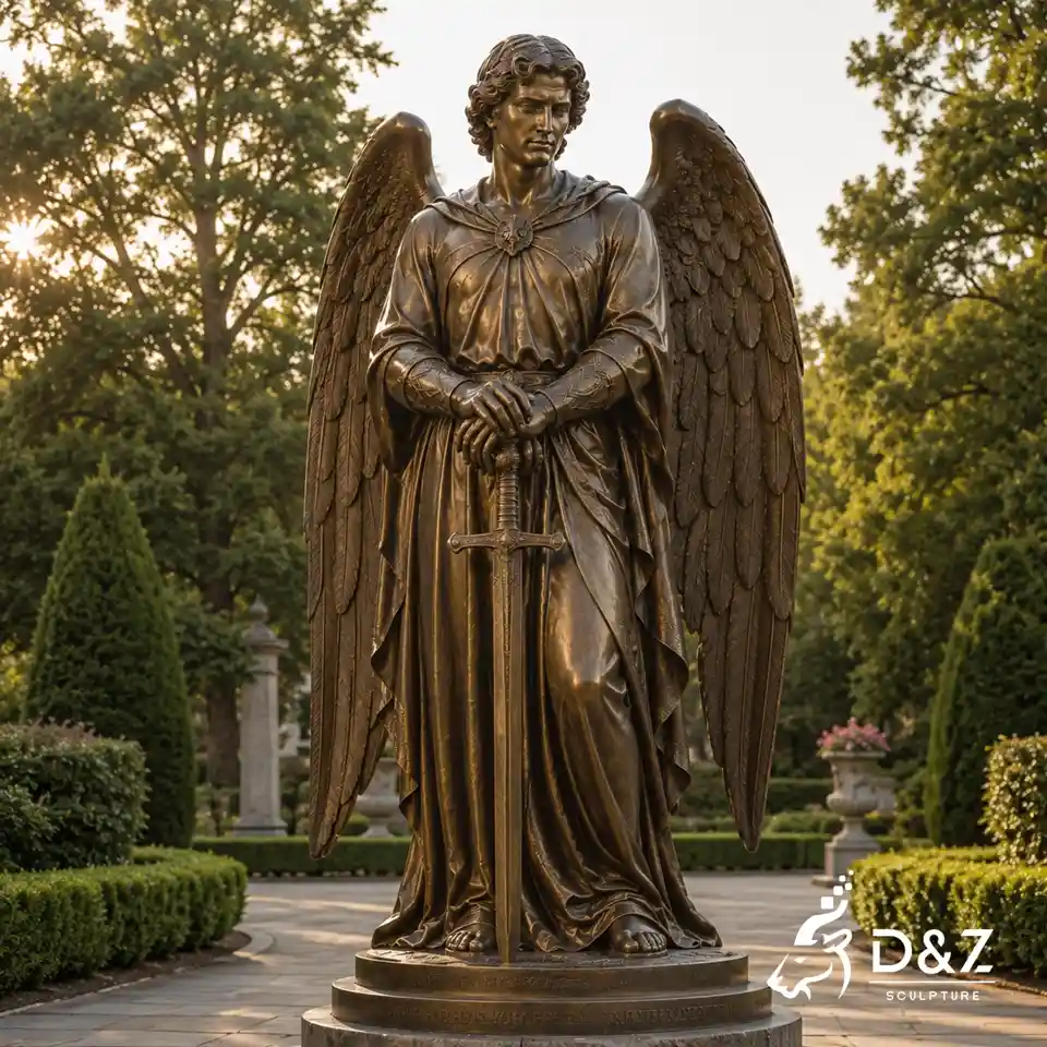 Bronze guardian angel male sculpture with lowered sword in a memorial garden Bronze guardian angel male sculpture with lowered sword in a memorial garden