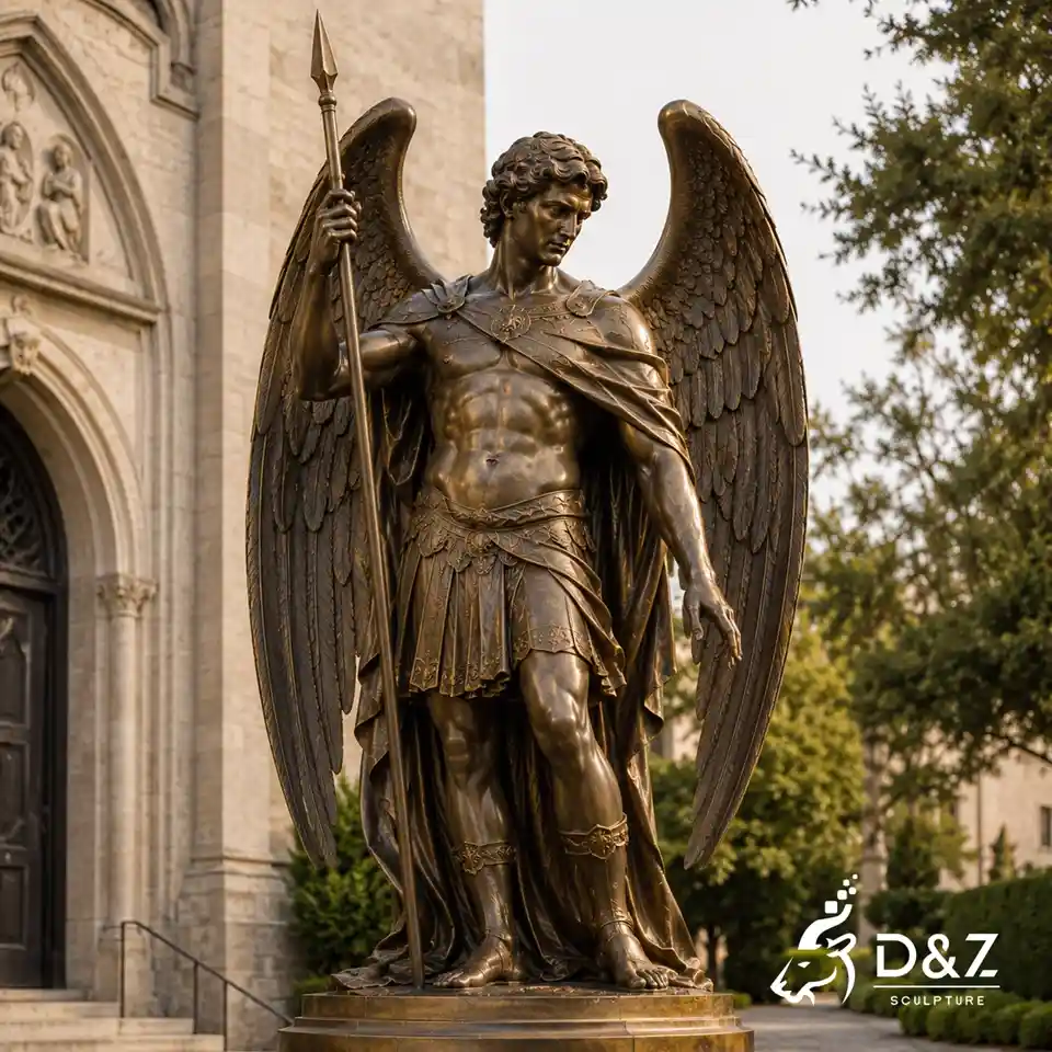Bronze male guardian angel sculpture with spear outside a church Bronze male guardian angel sculpture with spear outside a church