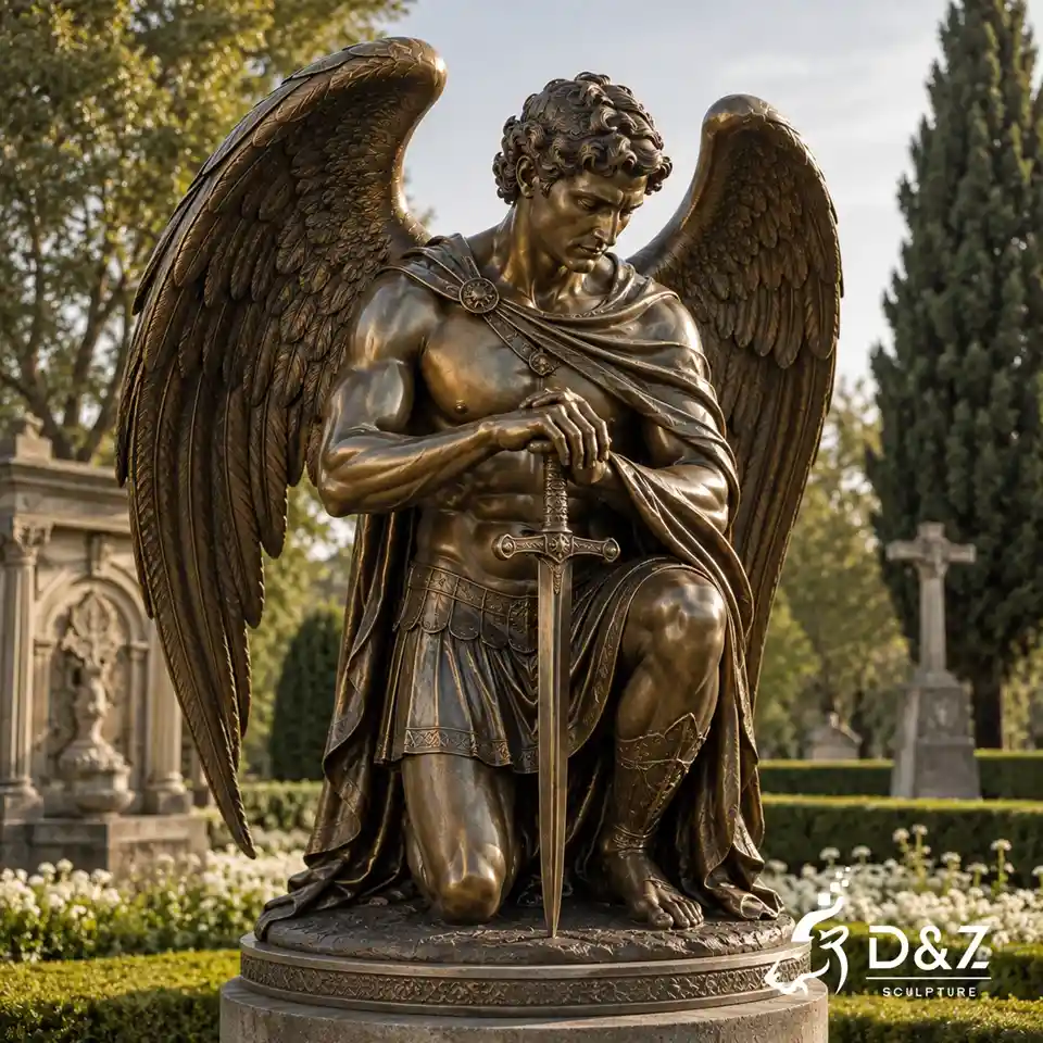 Kneeling guardian angel male statue with sword for cemetery memorial Kneeling guardian angel male statue with sword for cemetery memorial