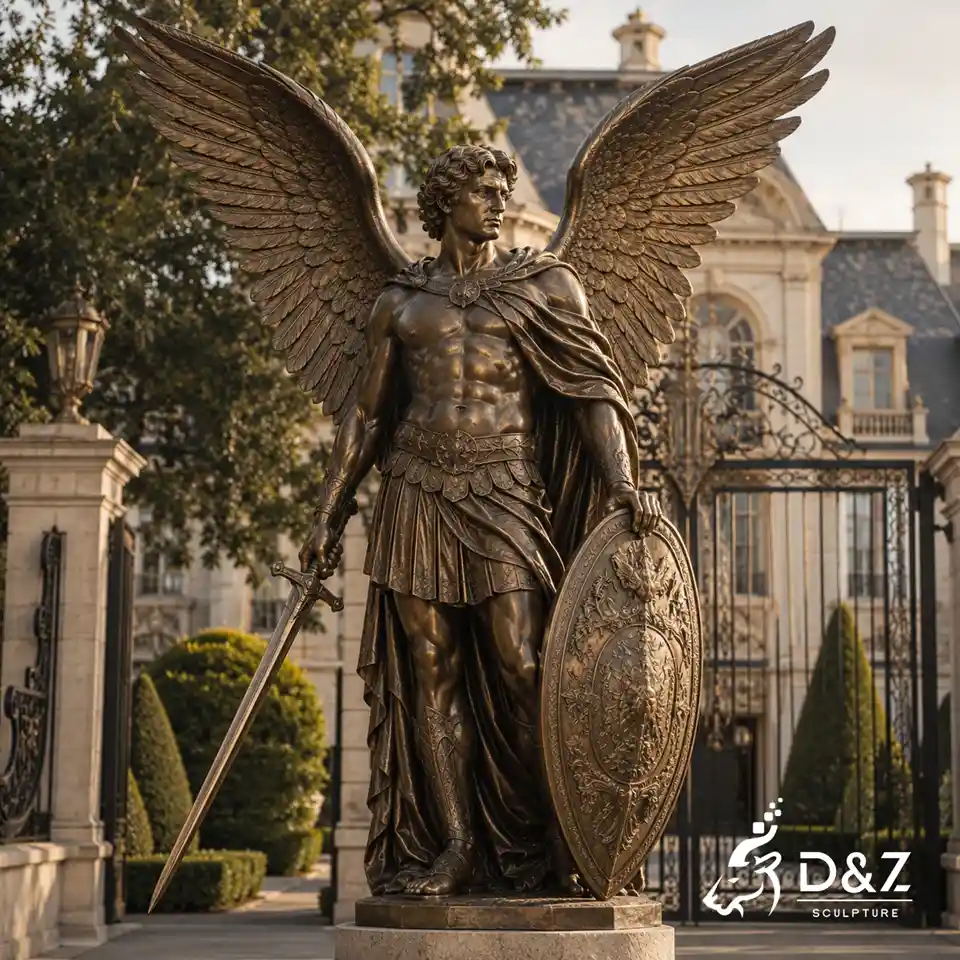 Winged guardian angel sculpture with sword and shield at an estate entrance Winged guardian angel sculpture with sword and shield at an estate entrance