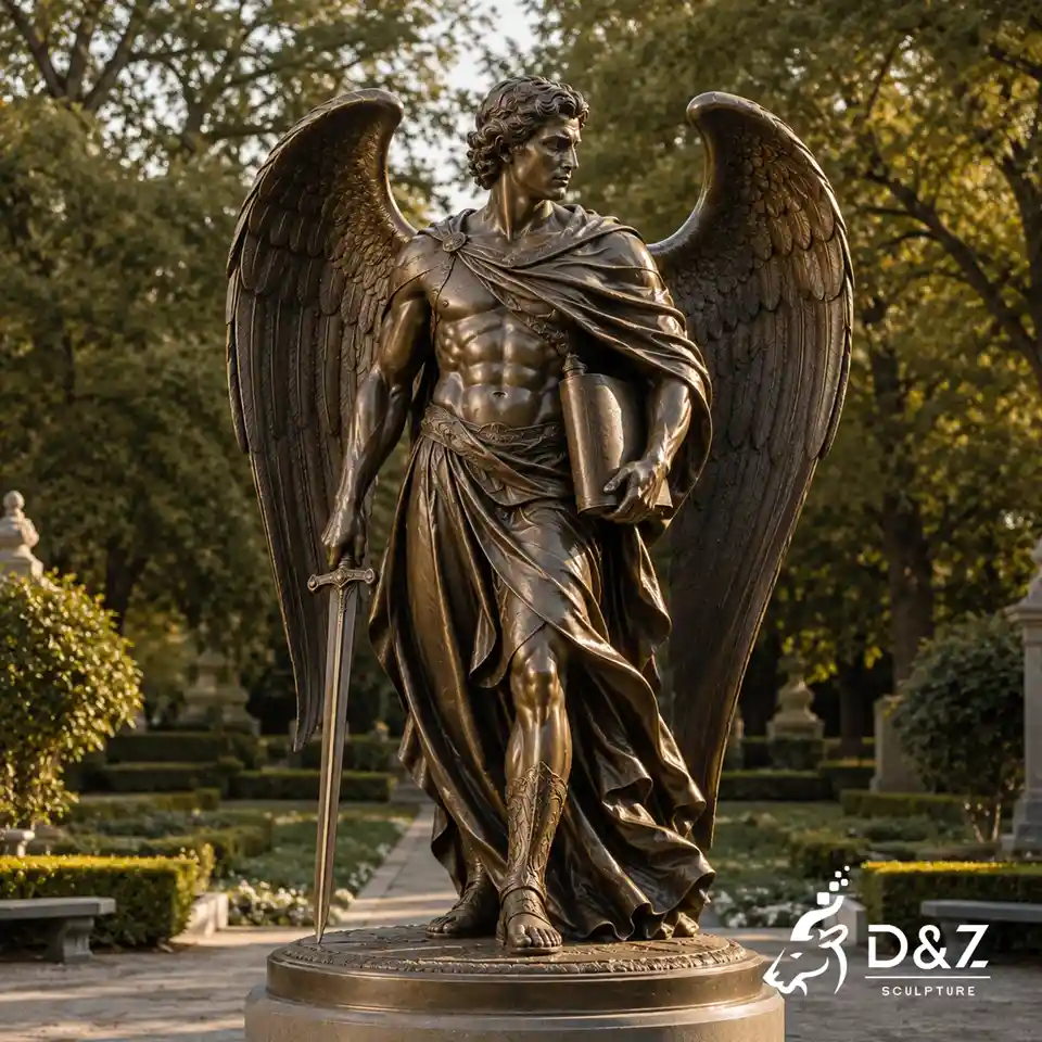 Bronze male angel sculpture with sword in an outdoor garden setting Bronze male angel sculpture with sword in an outdoor garden setting