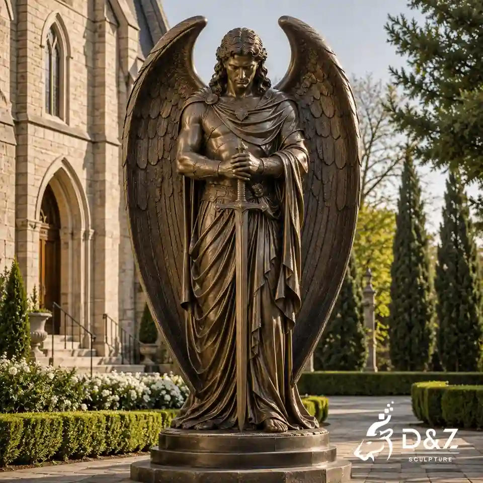 Guardian angel statue with sword and long robe near a church entrance Guardian angel statue with sword and long robe near a church entrance