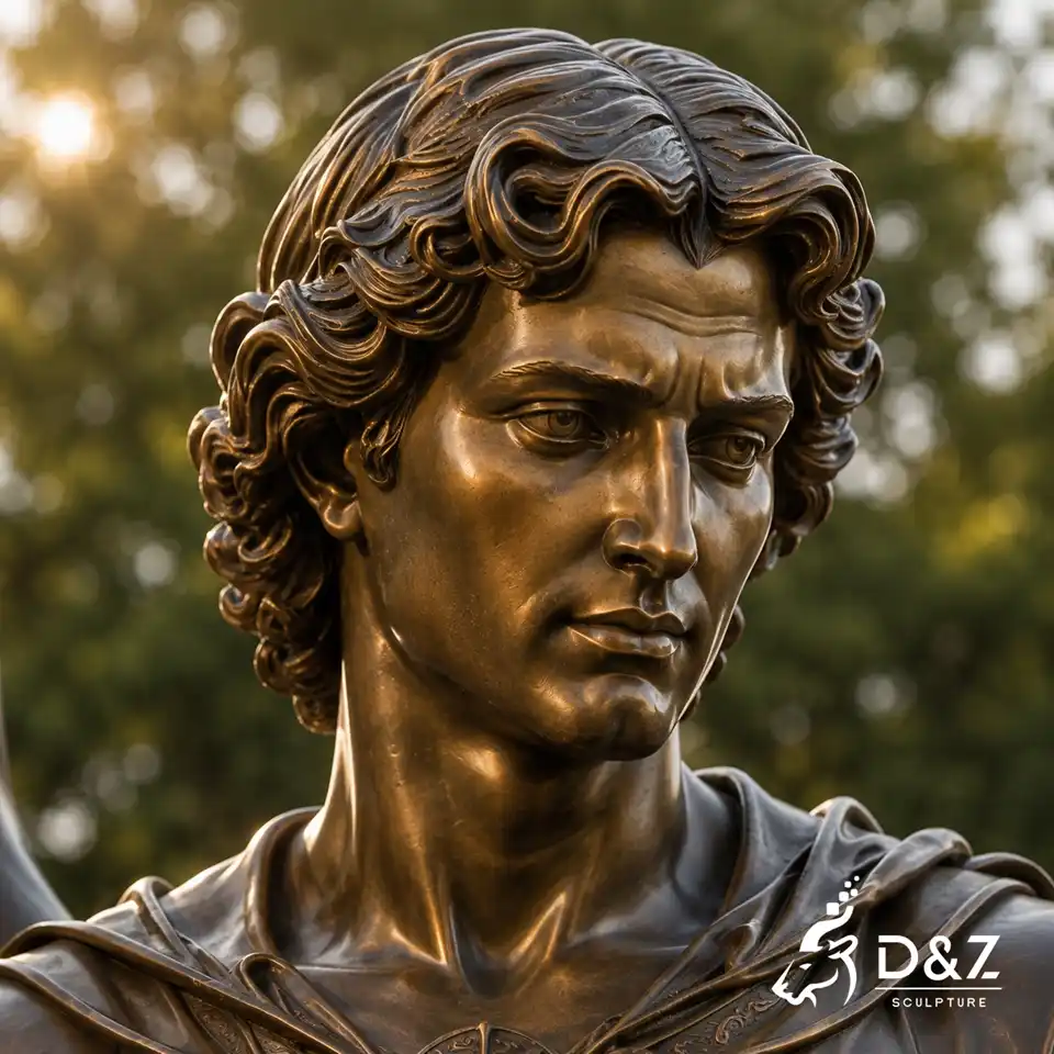 Guardian angel male sculpture facial detail with realistic bronze features Guardian angel male sculpture facial detail with realistic bronze features